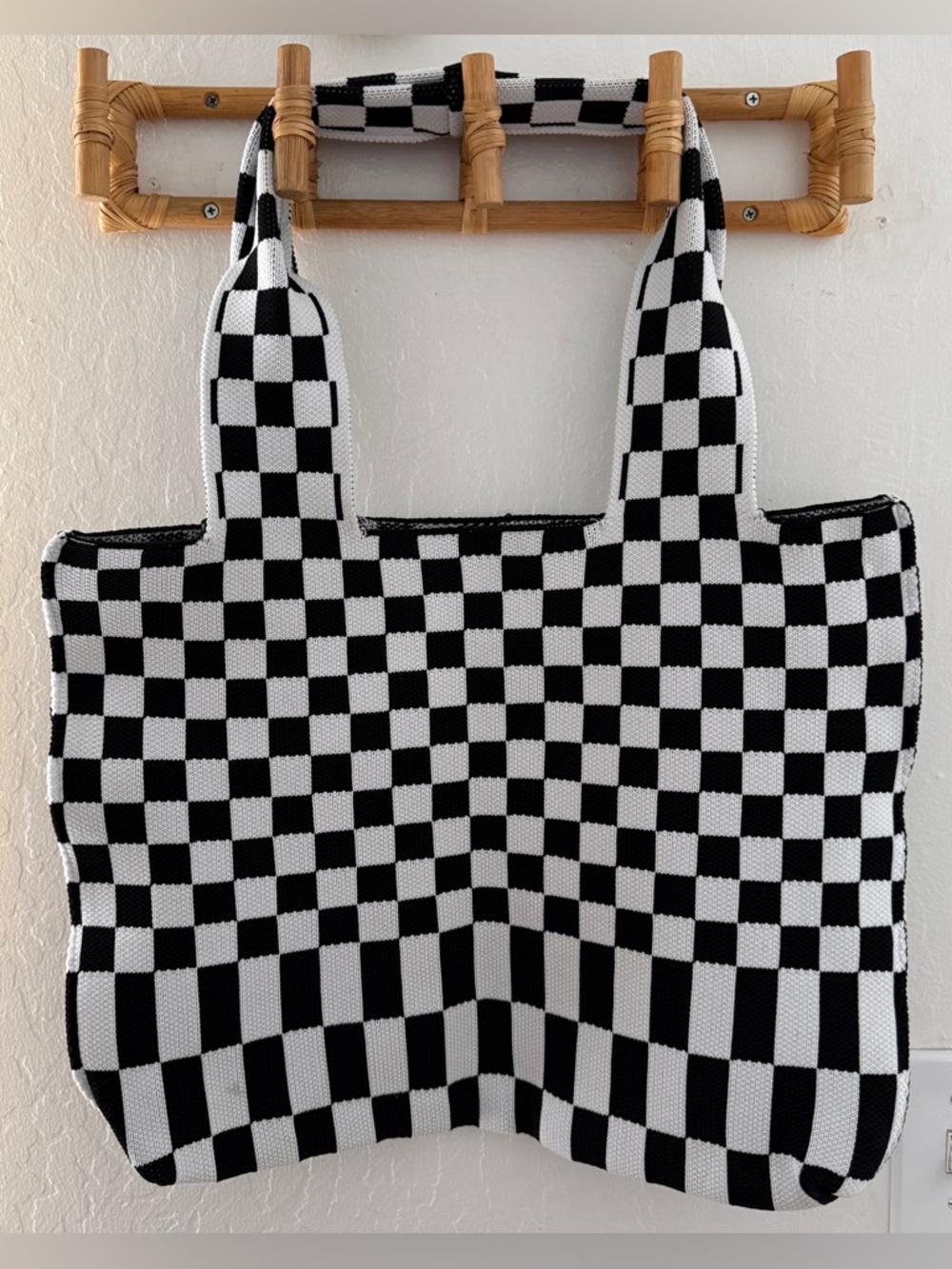 Miss Lola Black & White Checkerboard Tote Bag - Fashion Knit Shoulder Bag